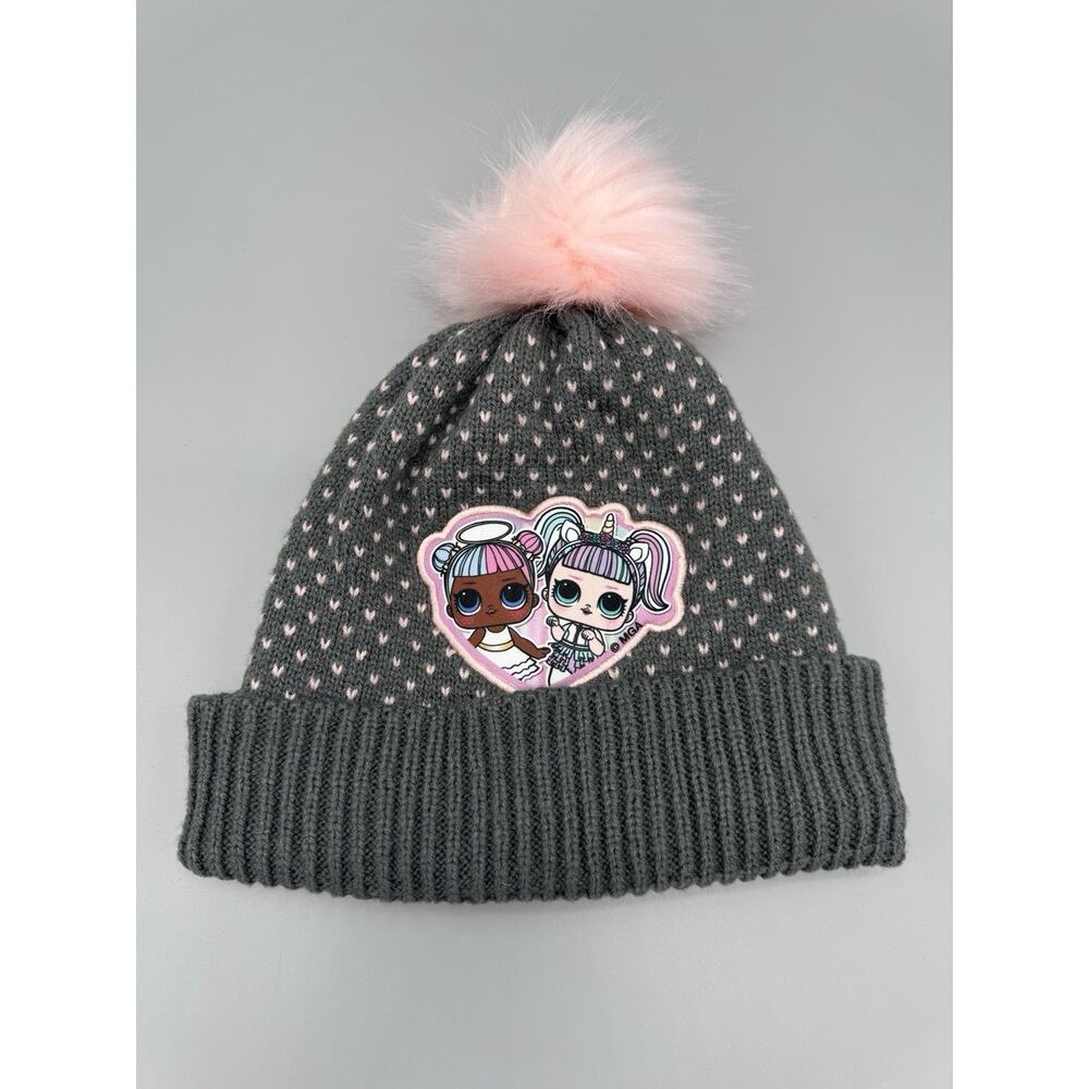 Lol Surprise Knitted Winter Hat Beanie Gray‎ Pink Hearts Pom Pom